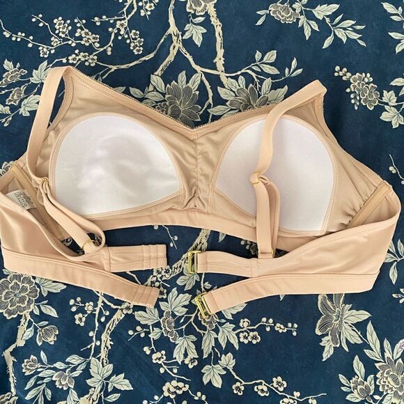 Plus size 2X bikini top with pink, beige & black crocheted knit front. Adj strap - Picture 10 of 12